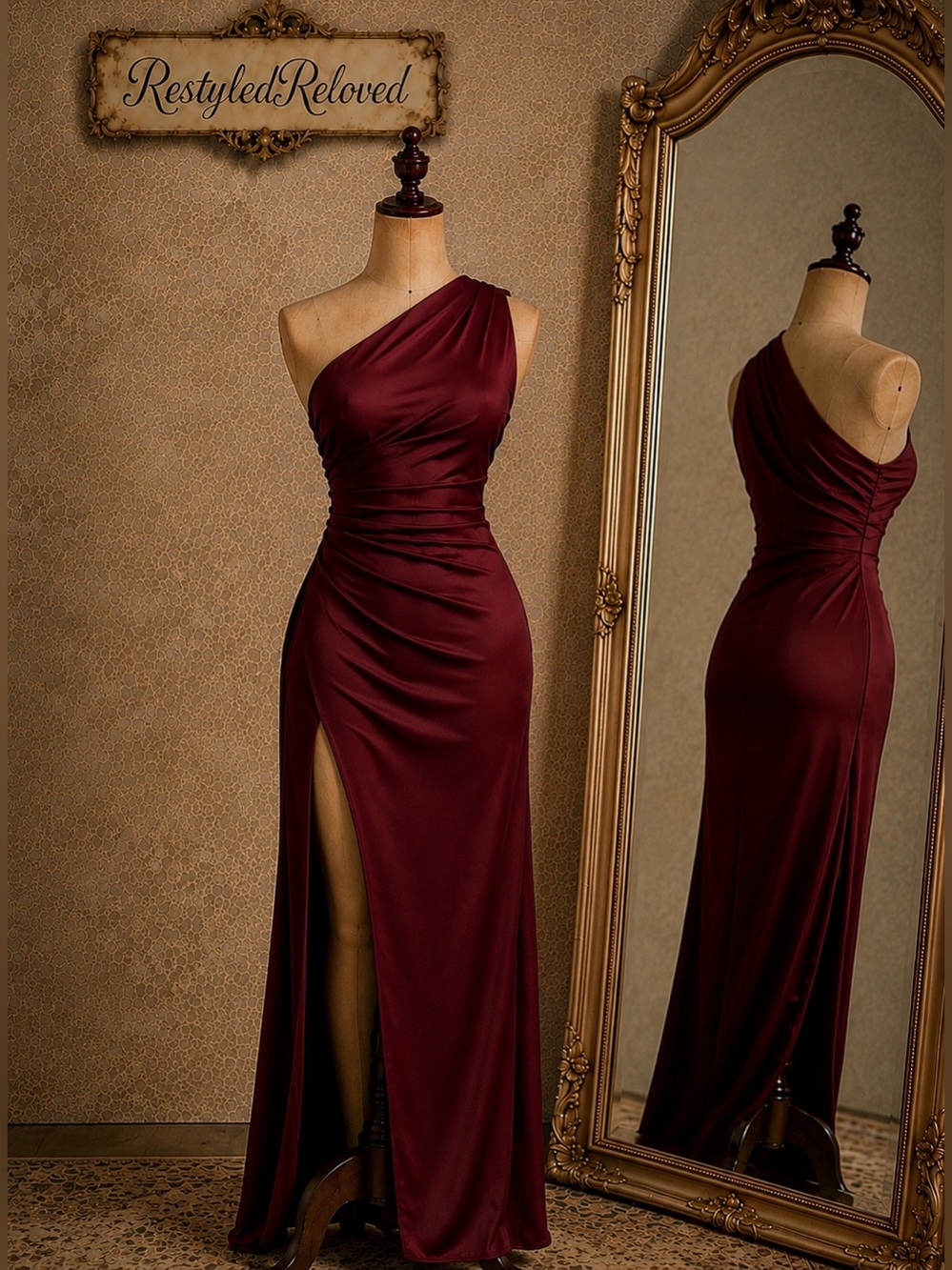 NWT OYS One-Shoulder Satin Maxi Dress – Wine Red | Size Small